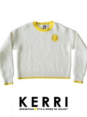 Kerri Rosenthal Chunky ribbed Knit White/Yellow Happy Face Sweater Sz Medium
